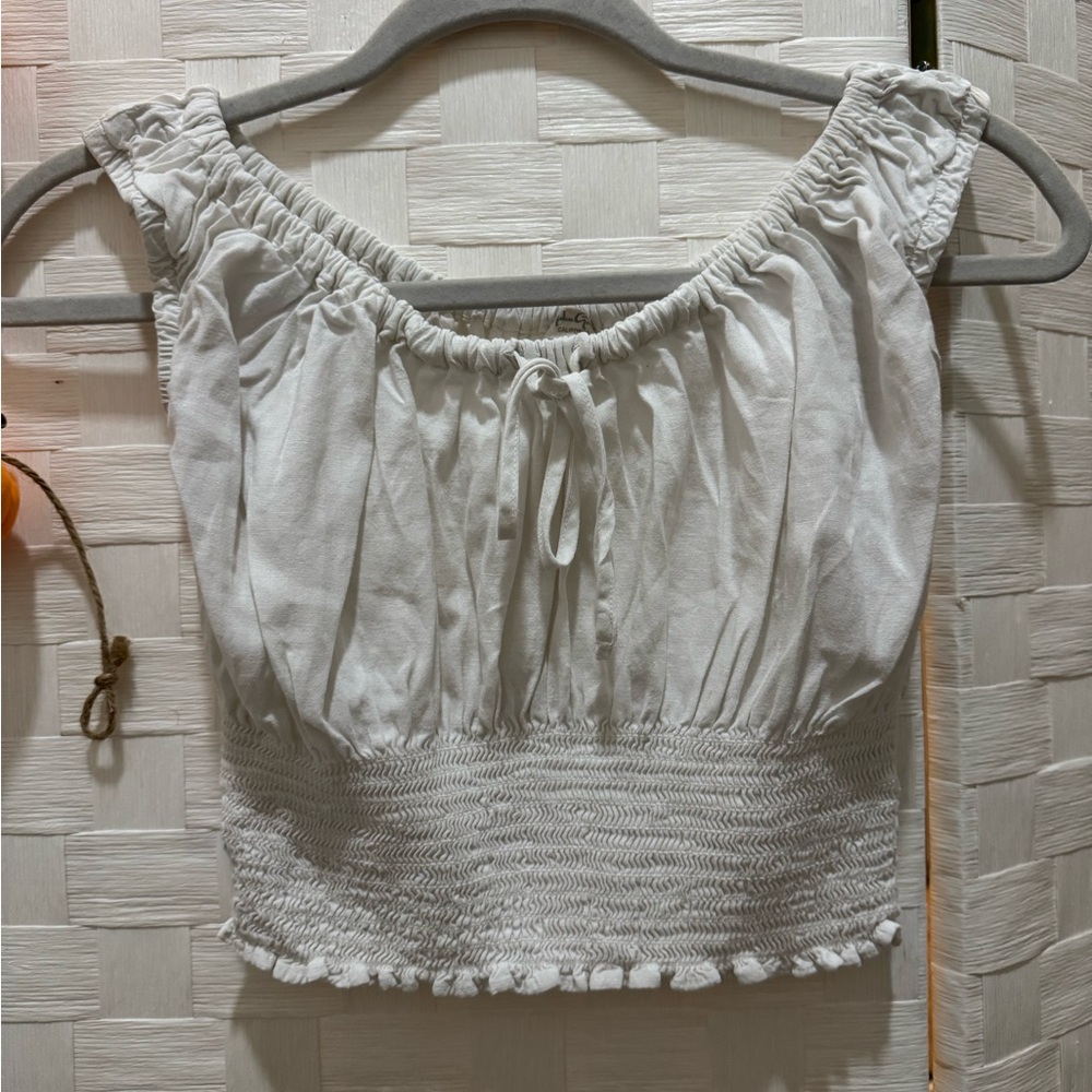 White Smocked Detail Women's Crop Top with Front Tie